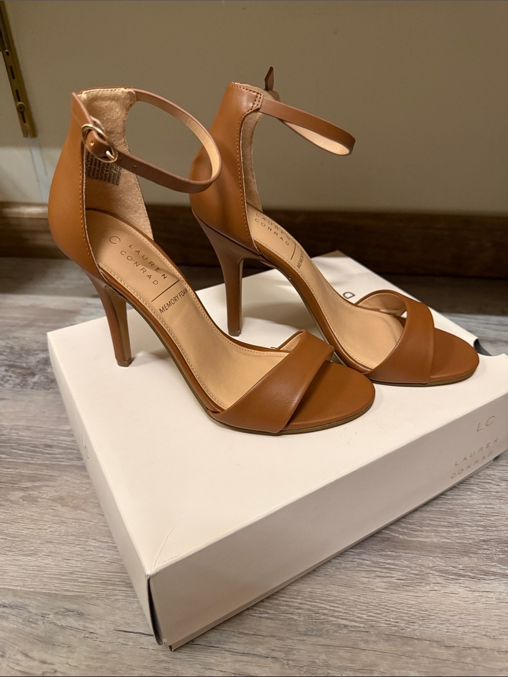 LC Lauren Conrad Cognac Brown Ankle-Strap Stiletto Heels